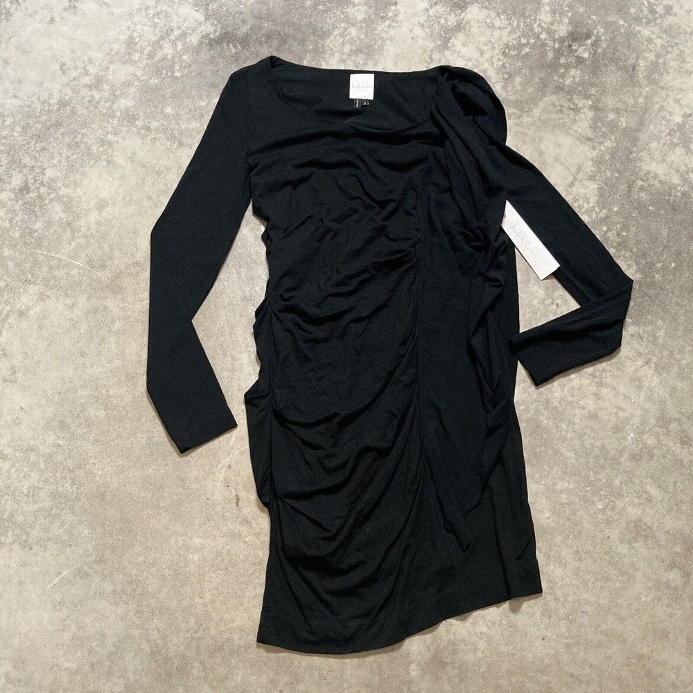 Nicole Miller Dress Womens Size Small Black Stretch Sleeve Ruching Waterfall